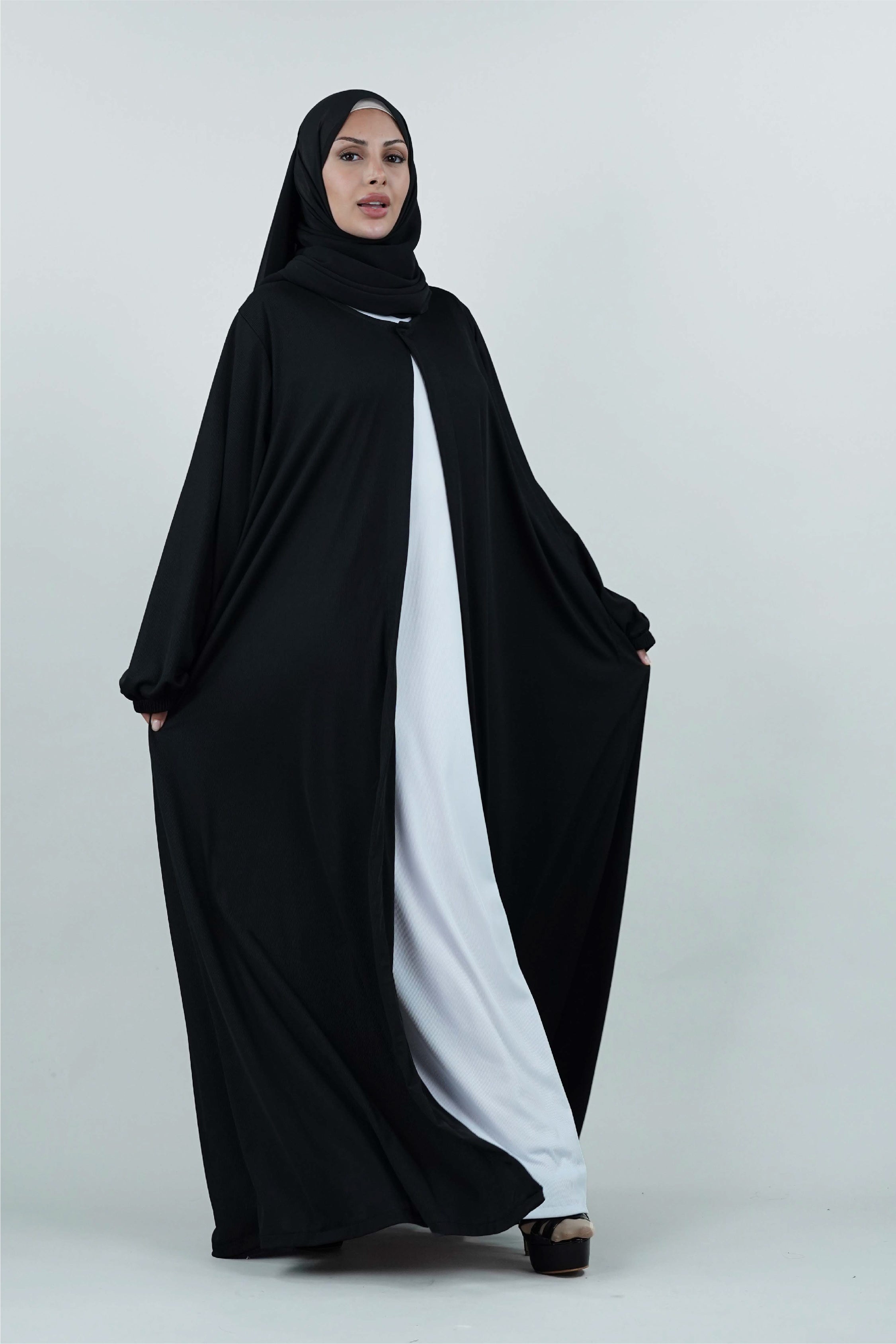 Non-Iron Open Abaya Black White